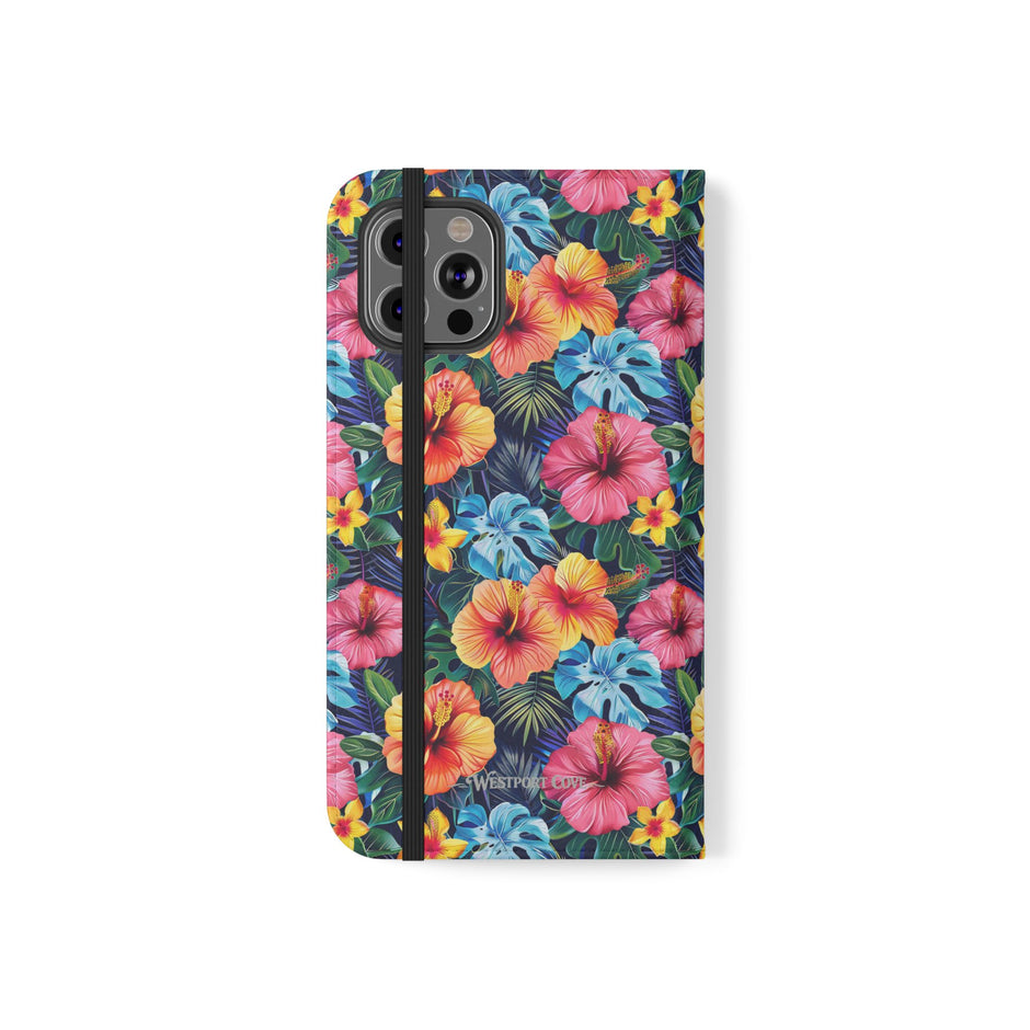 Tropical Hibiscus Flip Phone Case — Floral Wallet Flip Case with Card Slots
