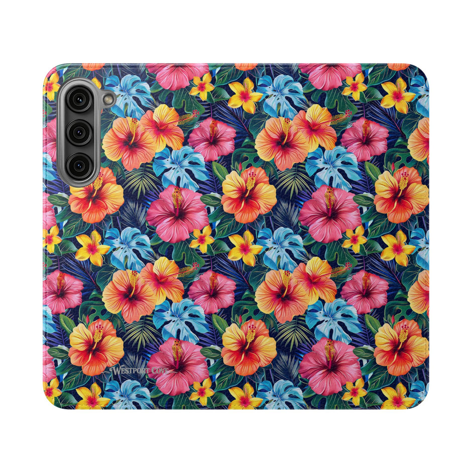Tropical Hibiscus Flip Phone Case — Floral Wallet Flip Case with Card Slots