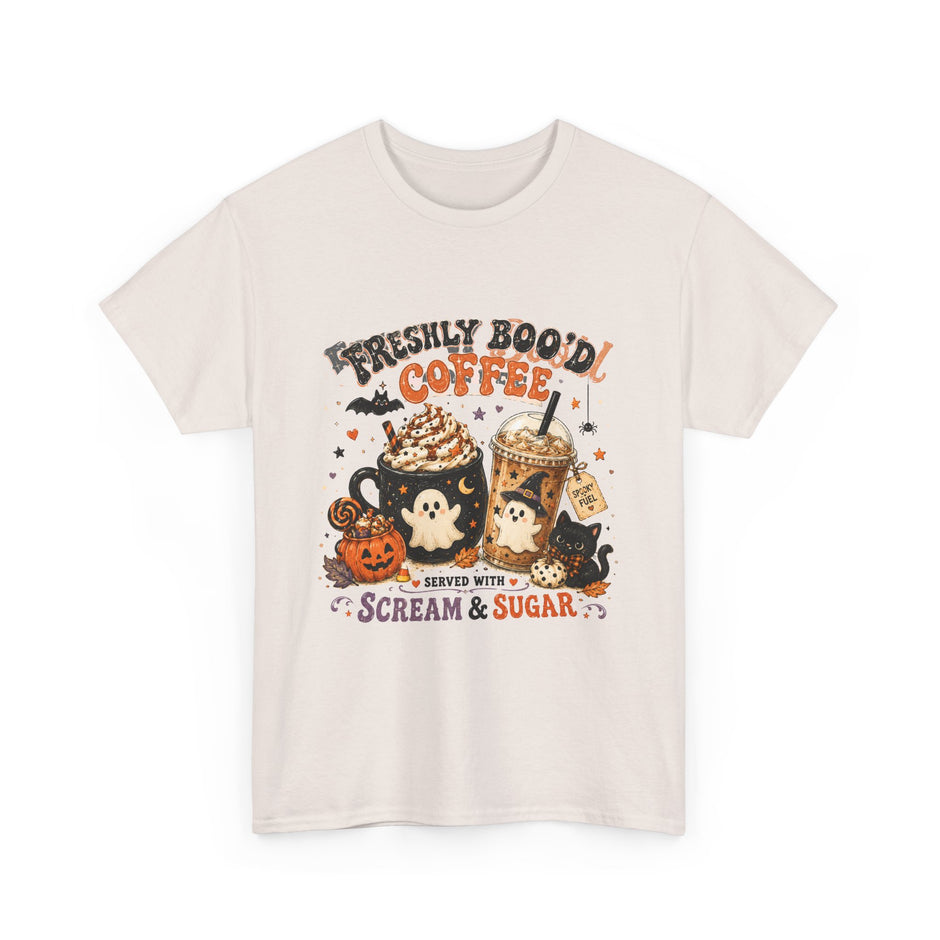 Halloween Coffee Tee — “Freshly Boo’d Coffee: Served with Scream & Sugar”