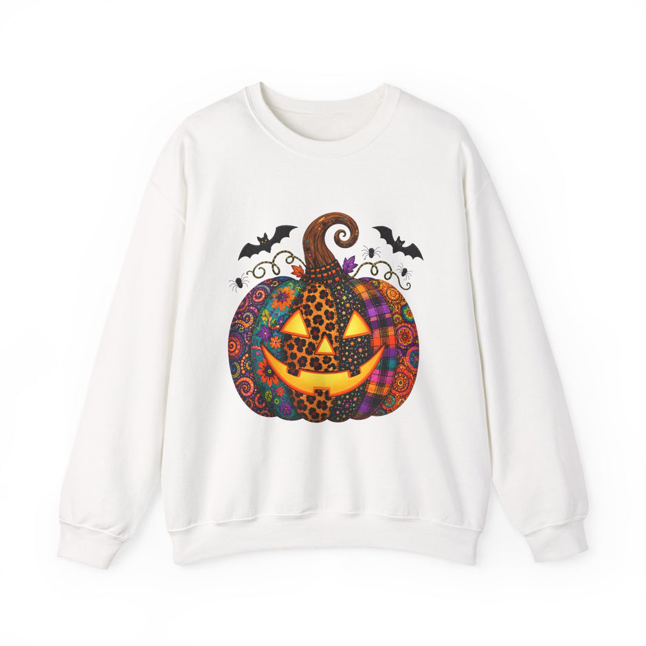 Halloween Jack-O'-Lantern Sweatshirt — Colorful Patterned Pumpkin Crewneck