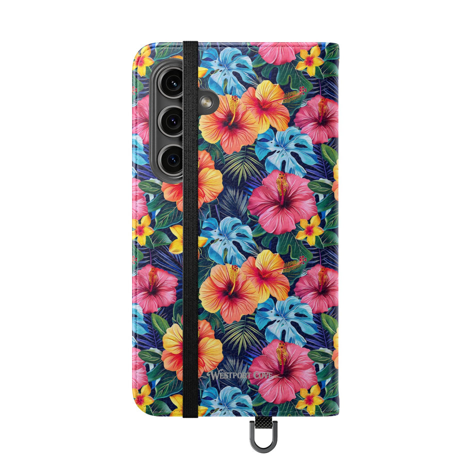 Tropical Hibiscus Flip Phone Case — Floral Wallet Flip Case with Card Slots