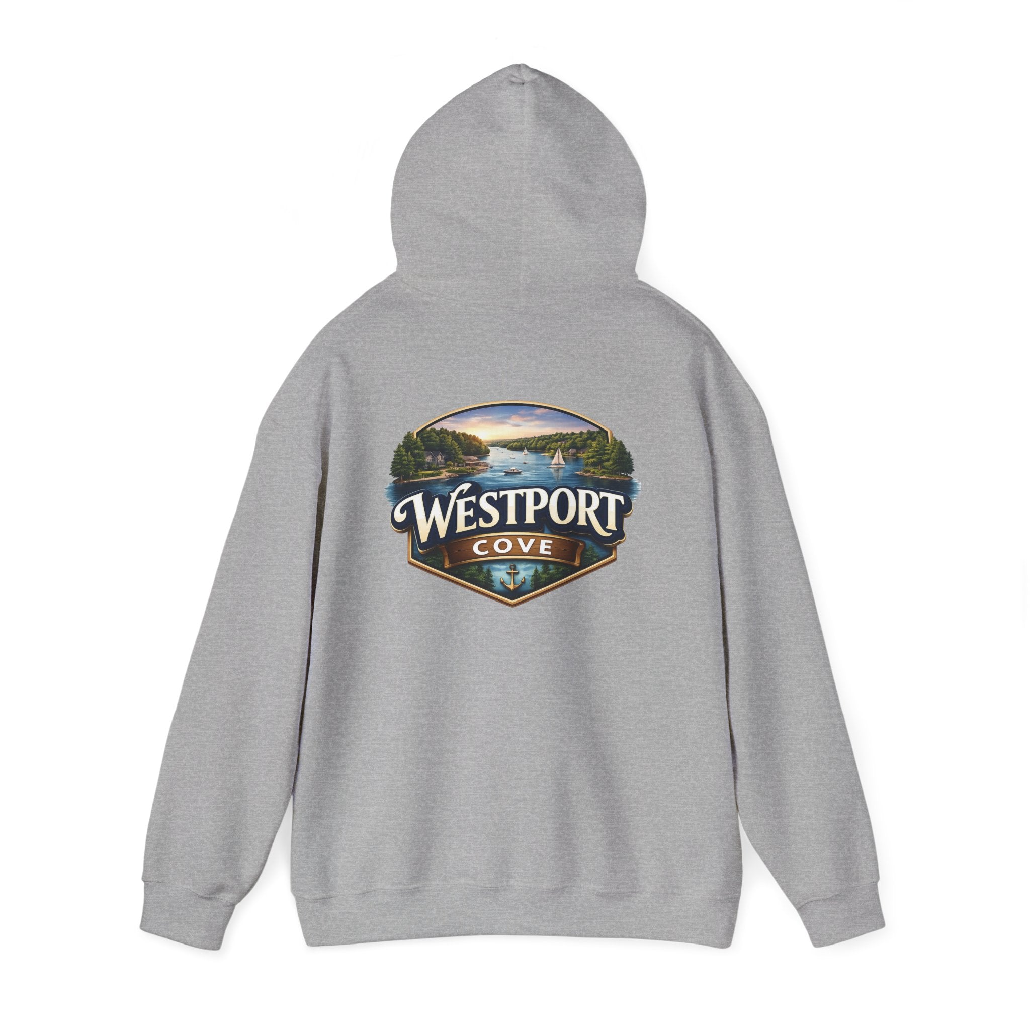 Westport Cove Hoodie — Scenic Lake Cabin Vintage Logo Hooded Sweatshirt