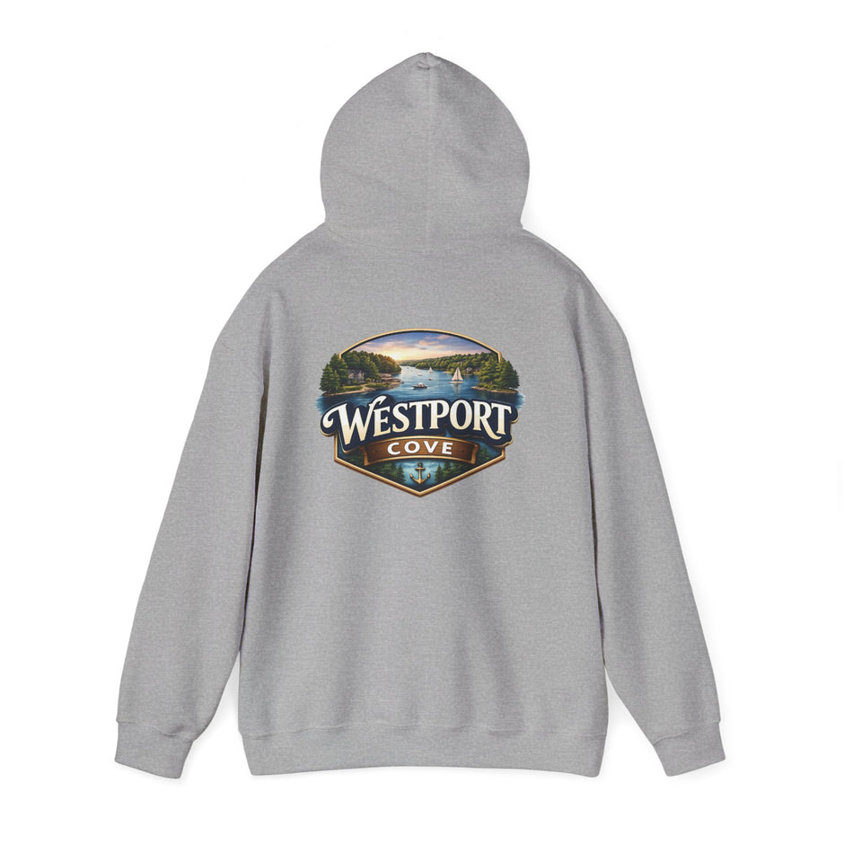 Westport Cove Hoodie — Scenic Lake Cabin Vintage Logo Hooded Sweatshirt