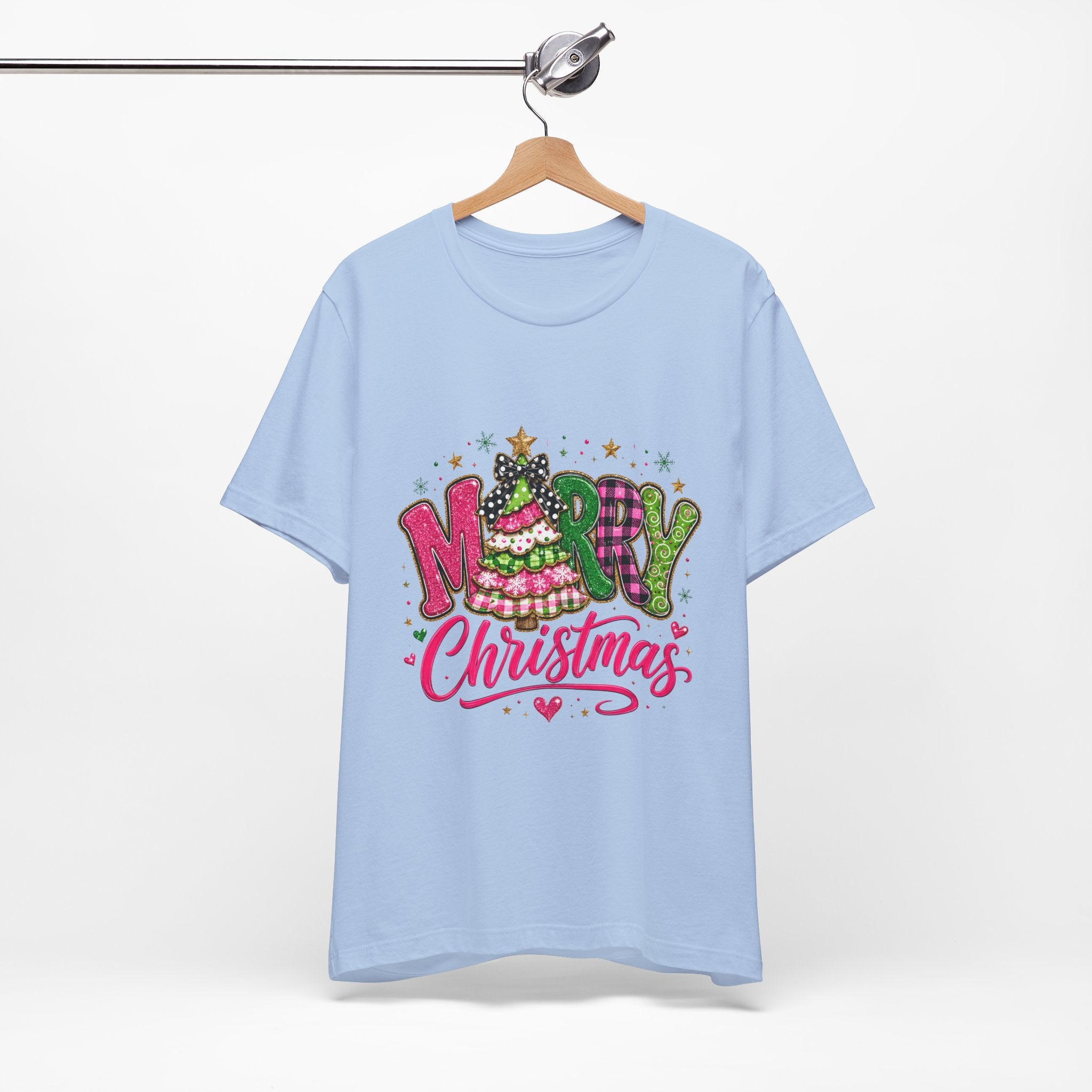 Merry Christmas Graphic Tee — Festive Pink & Green Holiday T-Shirt