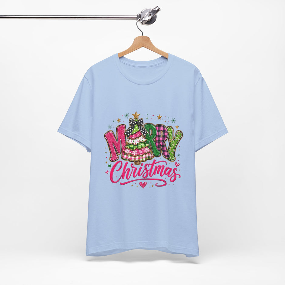 Merry Christmas Graphic Tee — Festive Pink & Green Holiday T-Shirt