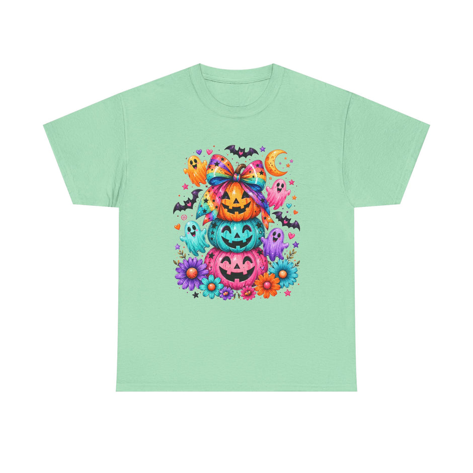 Cute Rainbow Pumpkin Stack Halloween Tee — Colorful Jack-o’-Lanterns & Ghosts T-Shirt