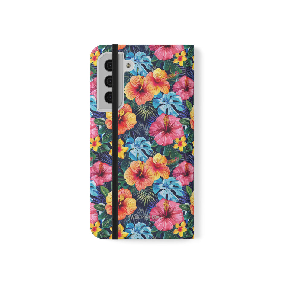 Tropical Hibiscus Flip Phone Case — Floral Wallet Flip Case with Card Slots