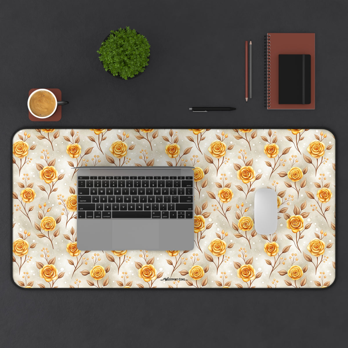 Golden Rose Desk Mat — Floral Office Mouse Pad for Home & Work