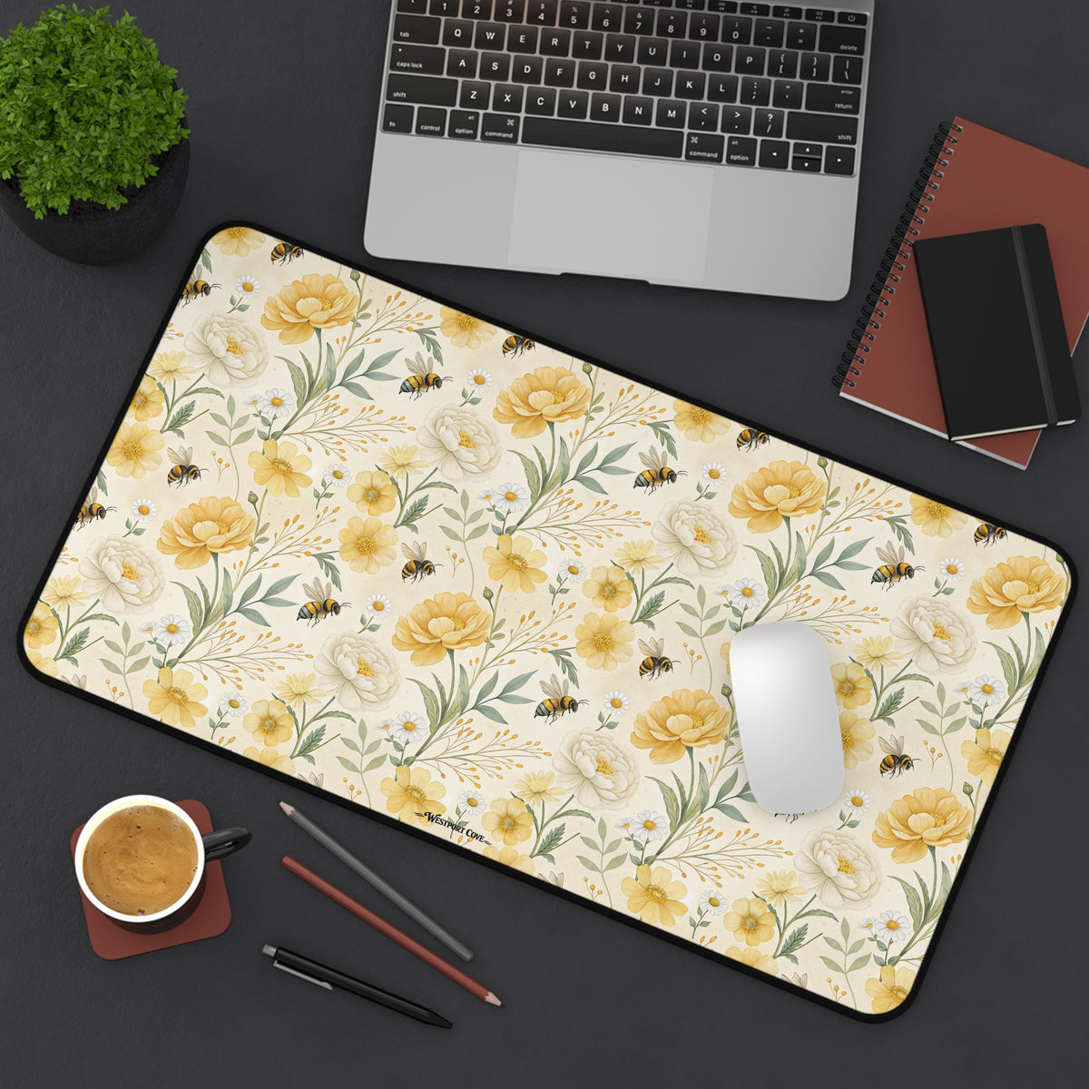 Bumble - Floral Yellow Rose Desk Mat — Vintage Garden Mousepad for Home Office