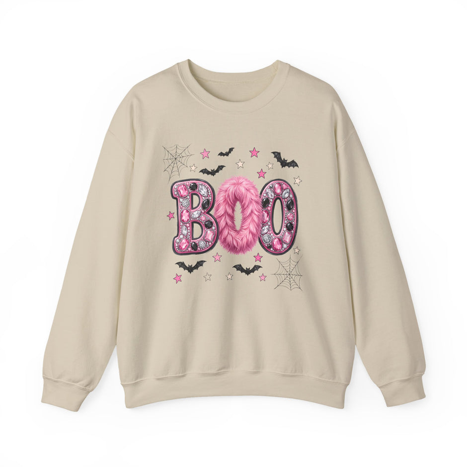 Halloween 'Boo' Crewneck Sweatshirt — Cute Pink Bat & Star Graphic