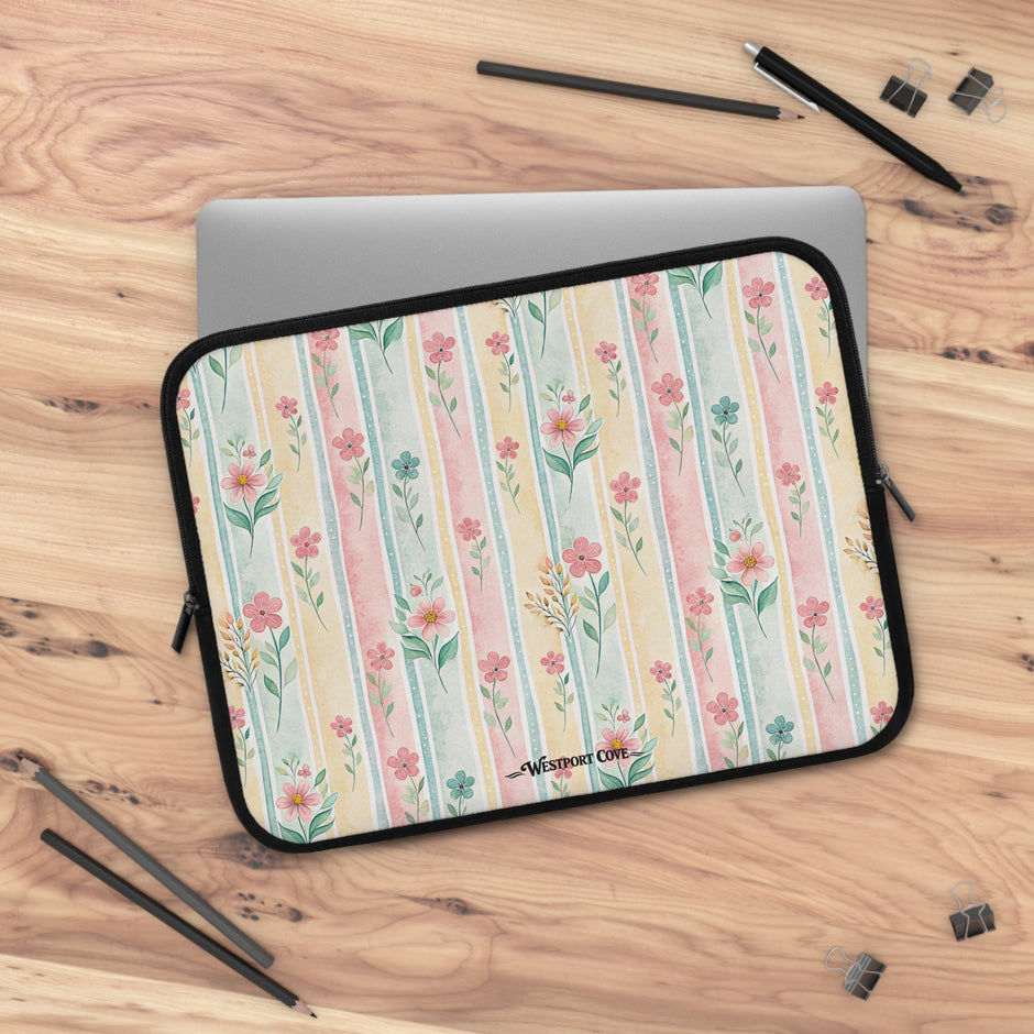 Floral Stripe Laptop Sleeve — Pastel Vintage Flower Case
