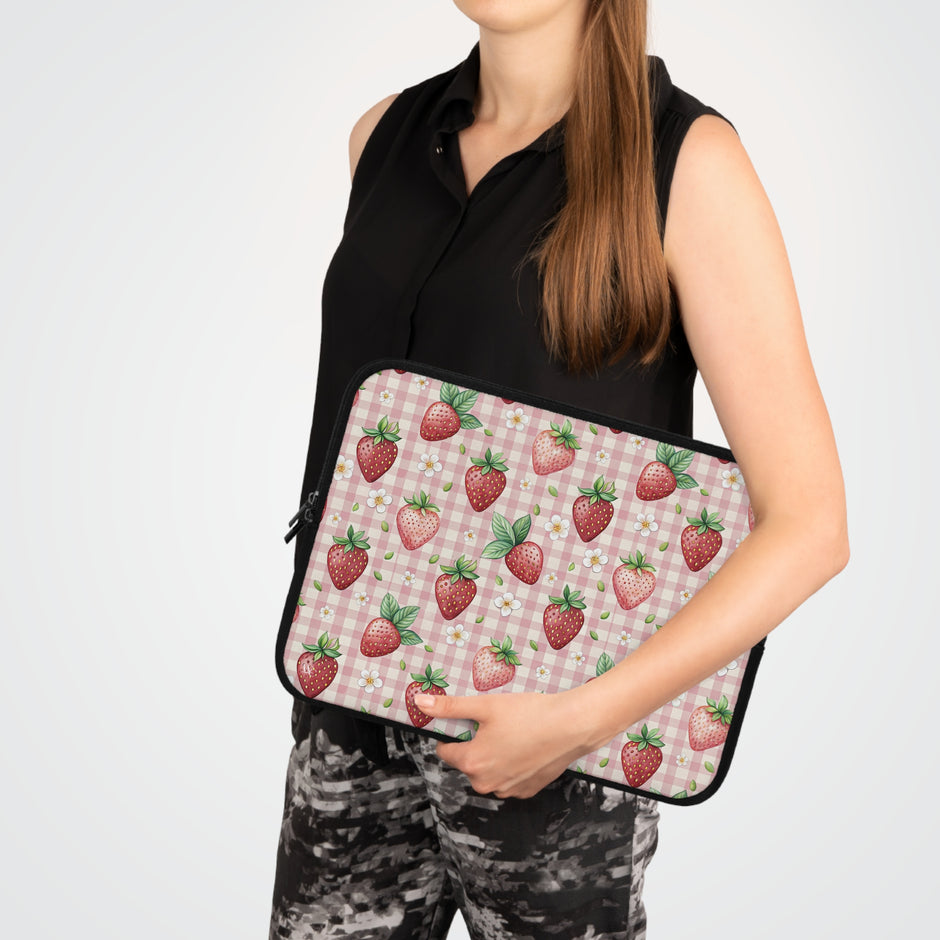 Strawberry Gingham Laptop Sleeve — Cute Pink Floral Laptop Case