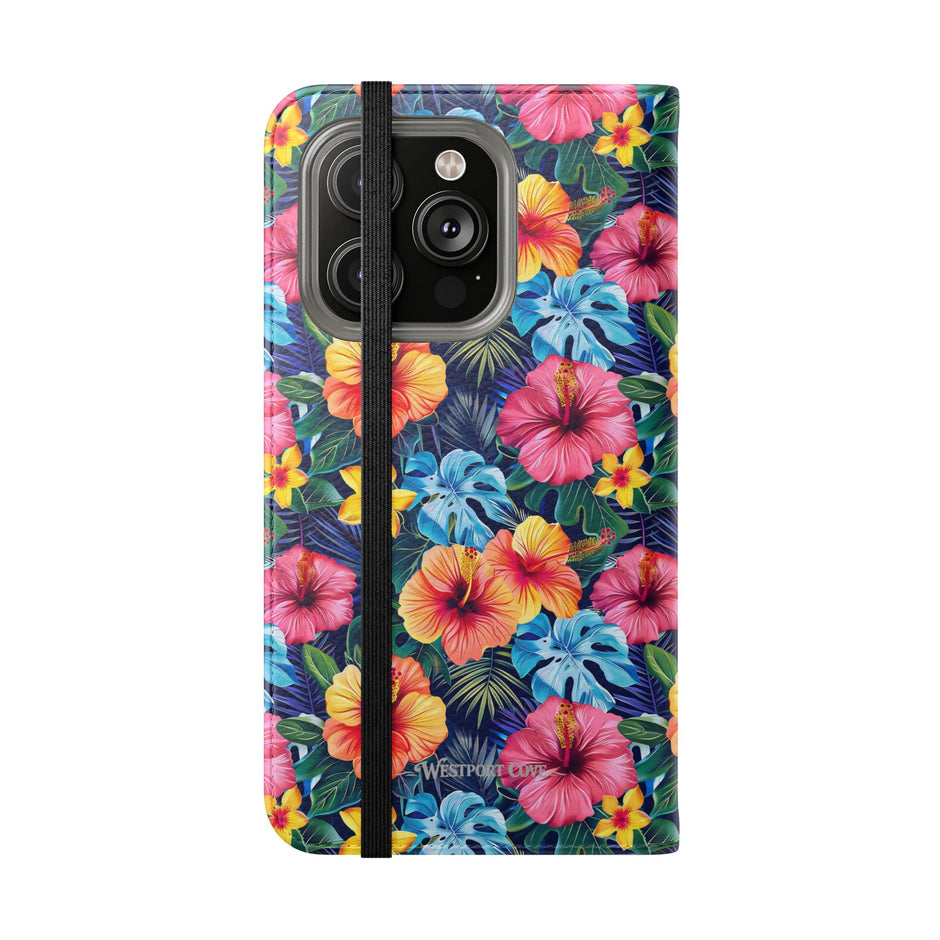 Tropical Hibiscus Flip Phone Case — Floral Wallet Flip Case with Card Slots