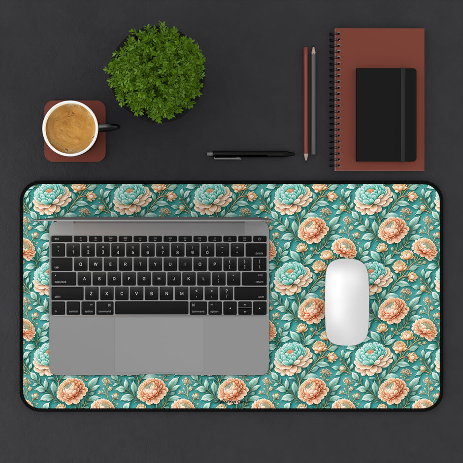 Teal Peony Desk Mat — Vintage Garden Mouse Pad Surface