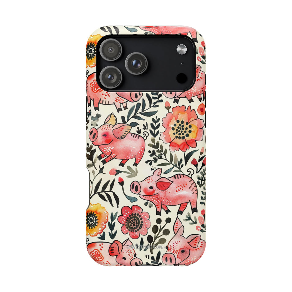 Watercolor Pink Pig Floral Phone Case — Extreme Impact MagSafe Phone Case