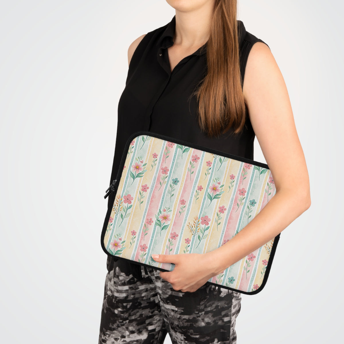Floral Stripe Laptop Sleeve — Pastel Vintage Flower Case