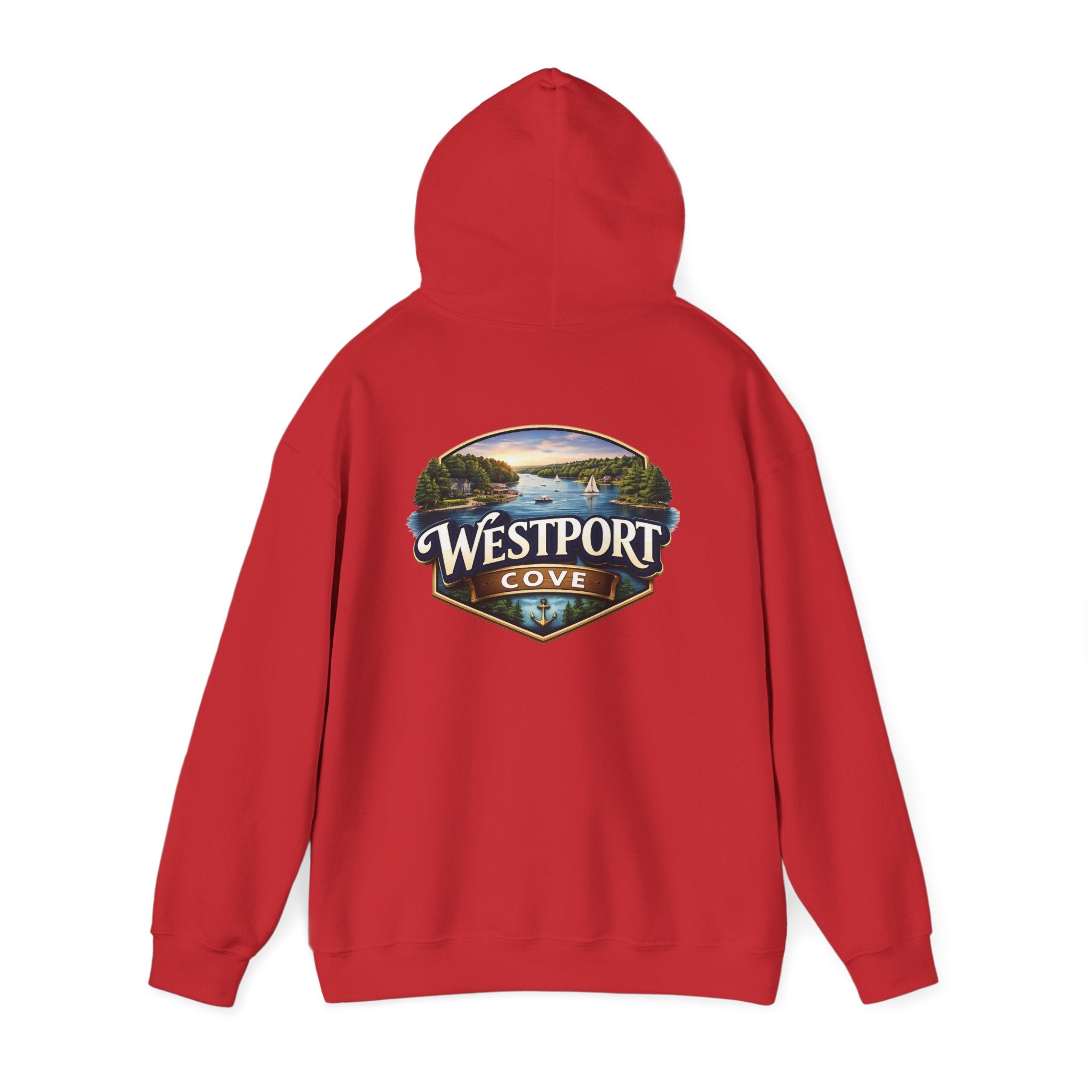 Westport Cove Hoodie — Scenic Lake Cabin Vintage Logo Hooded Sweatshirt