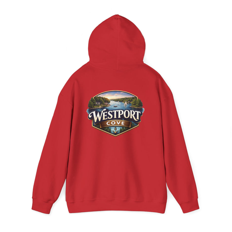 Westport Cove Hoodie — Scenic Lake Cabin Vintage Logo Hooded Sweatshirt