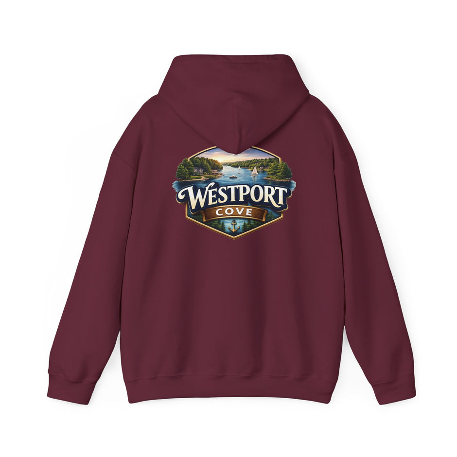 Westport Cove Hoodie — Scenic Lake Cabin Vintage Logo Hooded Sweatshirt