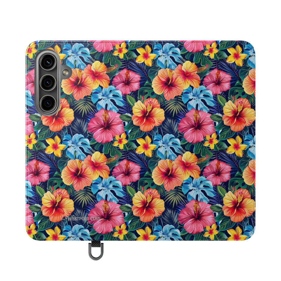 Tropical Hibiscus Flip Phone Case — Floral Wallet Flip Case with Card Slots
