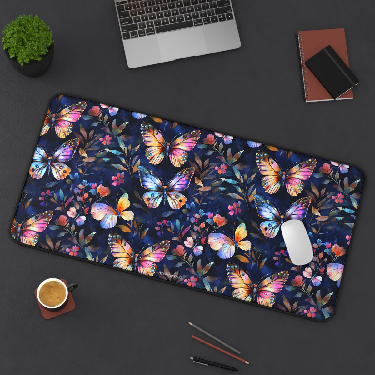 Dark Flutterby Desk Mat — Dark Watercolor Garden Mouse Pad