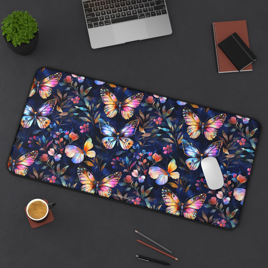 Dark Flutterby Desk Mat — Dark Watercolor Garden Mouse Pad