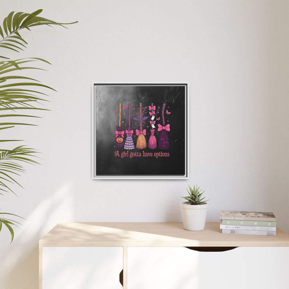 Halloween Broom Canvas Print — “A Girl Gotta Have Options” Framed Wall Art
