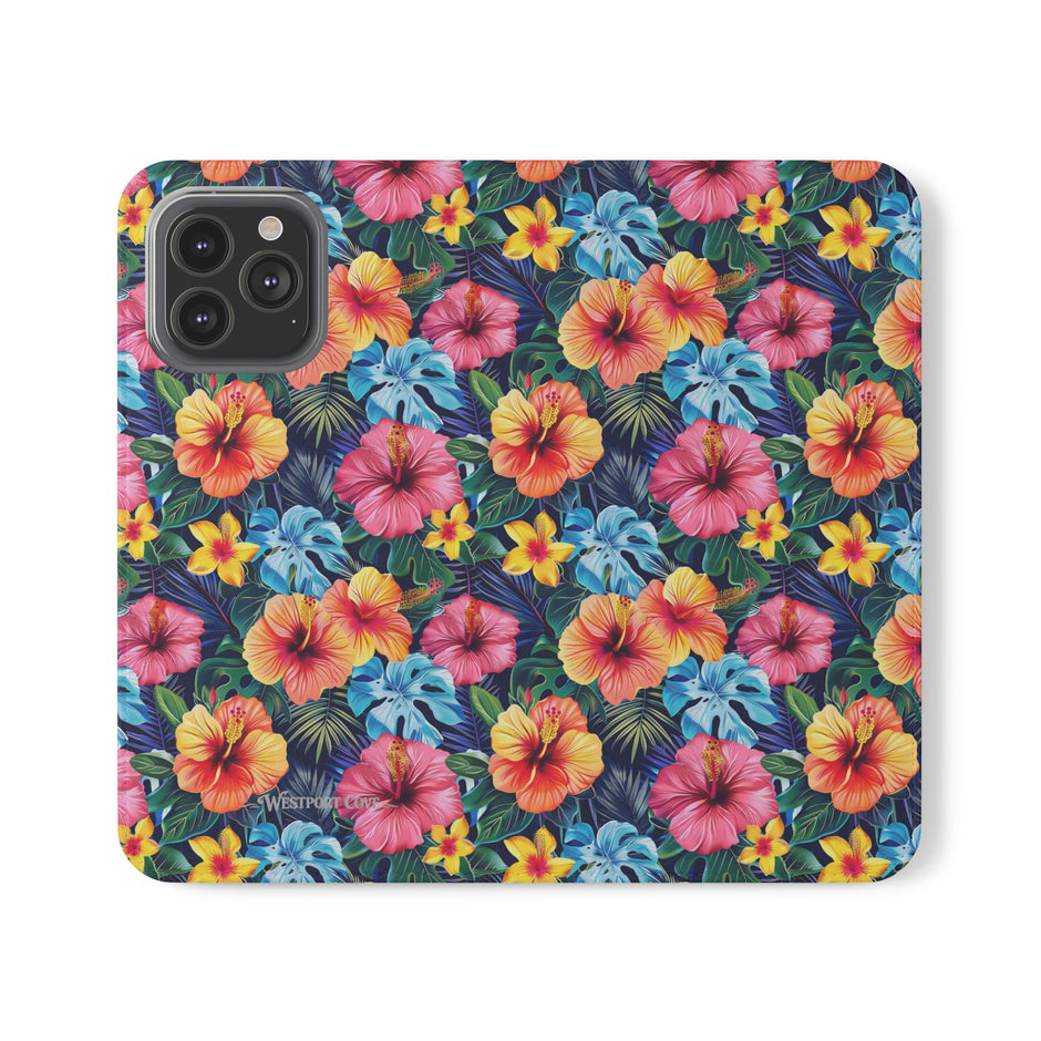 Tropical Hibiscus Flip Phone Case — Floral Wallet Flip Case with Card Slots