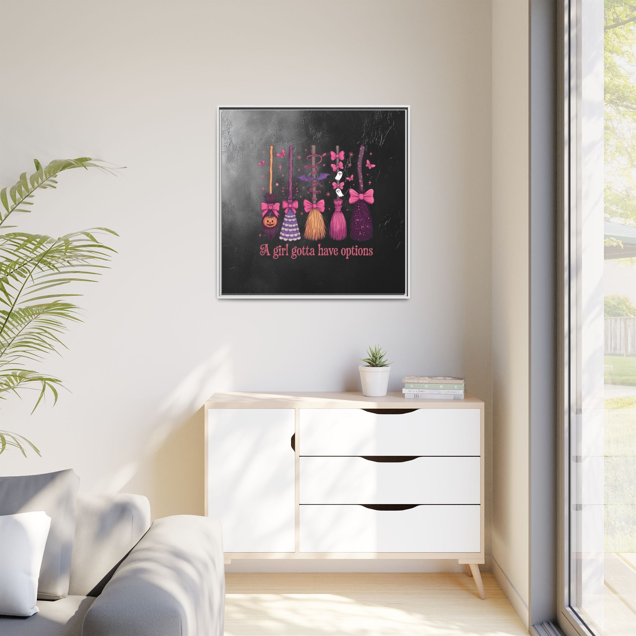 Halloween Broom Canvas Print — “A Girl Gotta Have Options” Framed Wall Art
