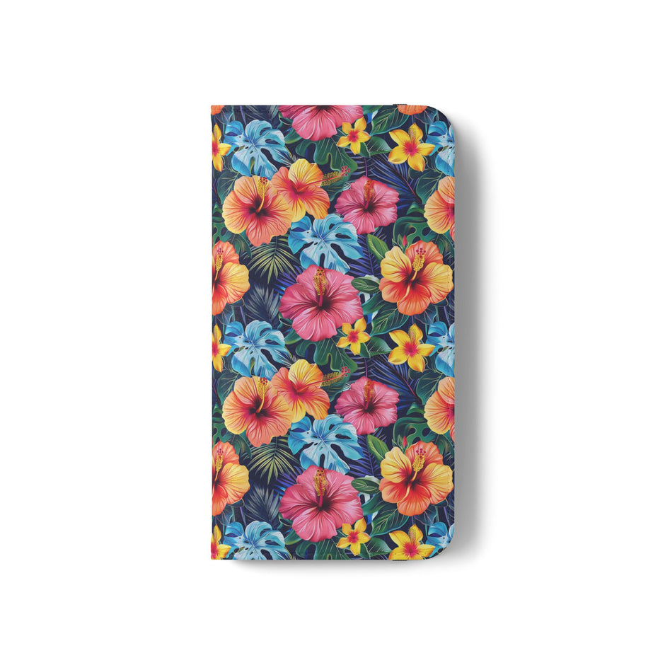 Tropical Hibiscus Flip Phone Case — Floral Wallet Flip Case with Card Slots