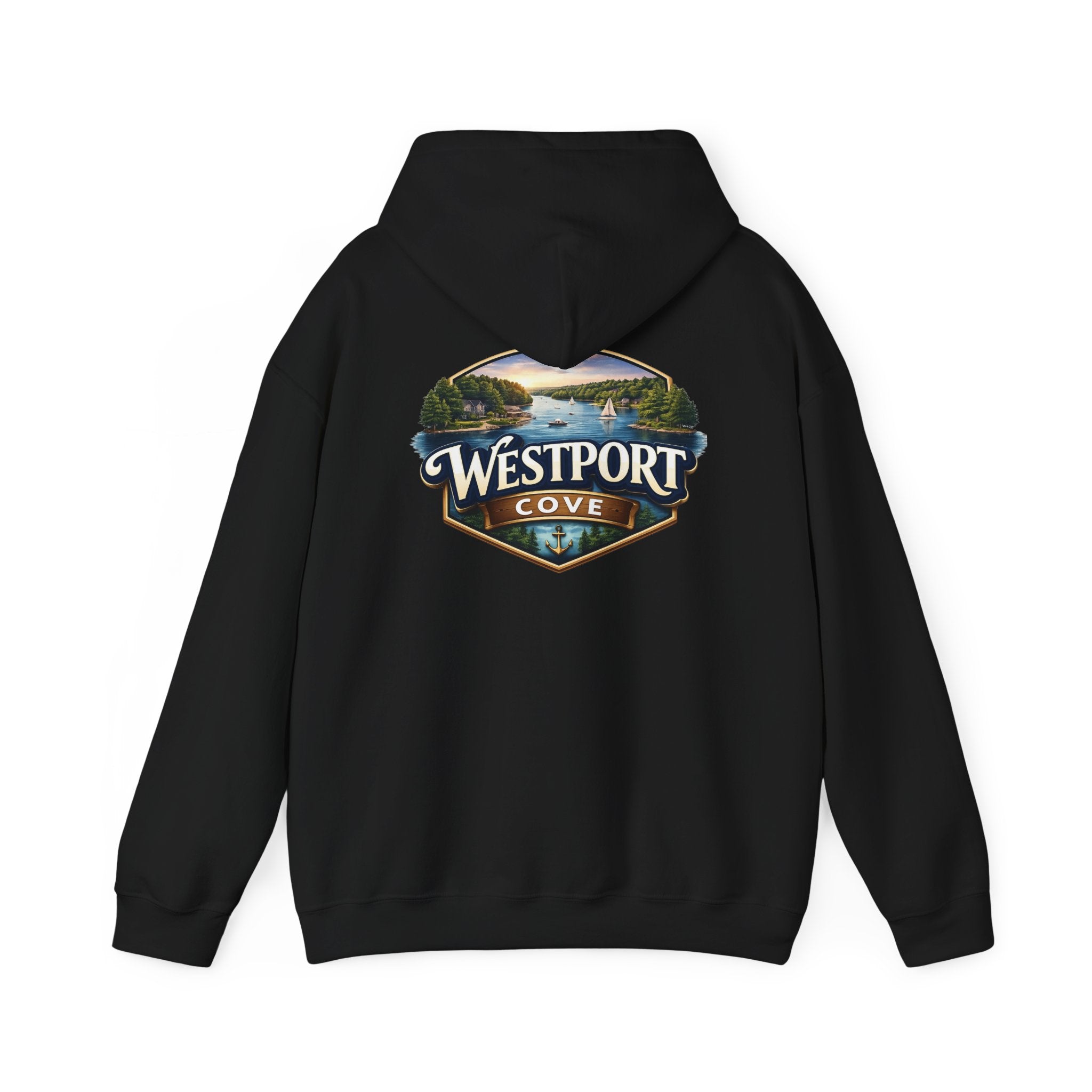 Westport Cove Hoodie — Scenic Lake Cabin Vintage Logo Hooded Sweatshirt
