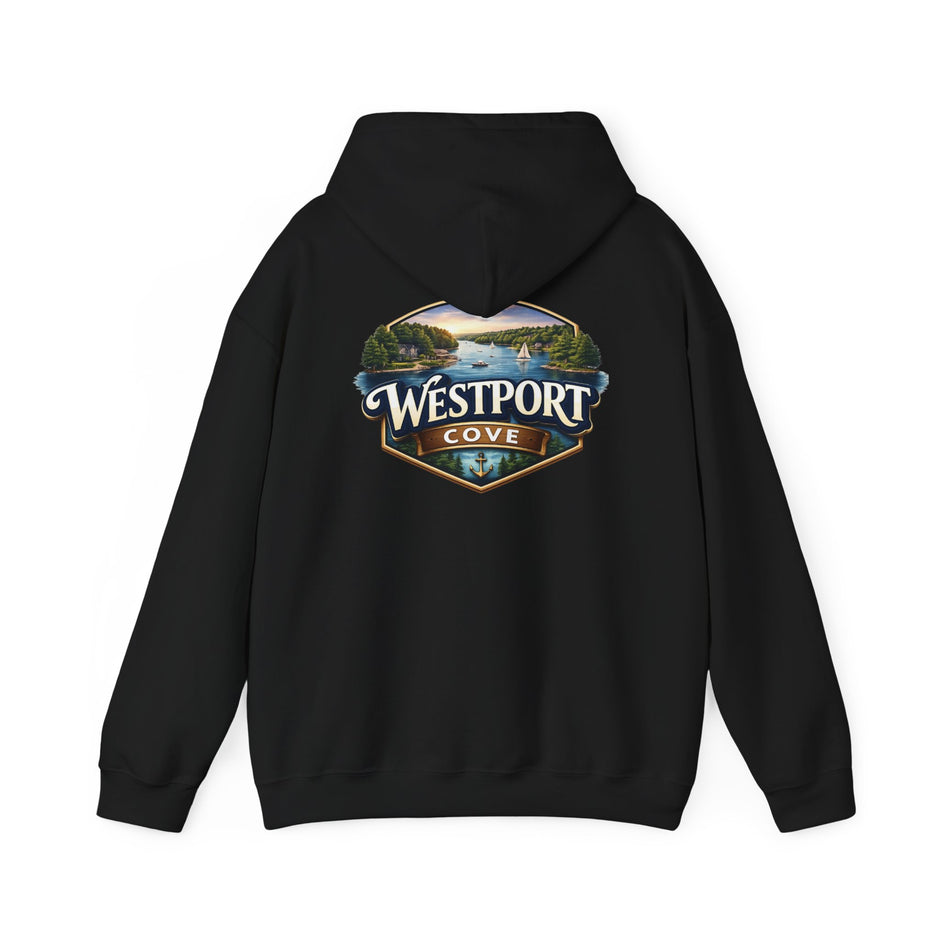 Westport Cove Hoodie — Scenic Lake Cabin Vintage Logo Hooded Sweatshirt