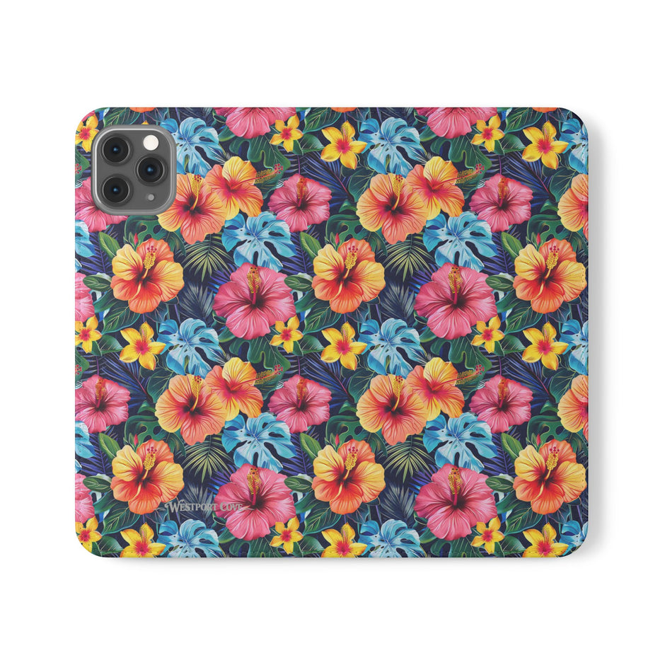 Tropical Hibiscus Flip Phone Case — Floral Wallet Flip Case with Card Slots