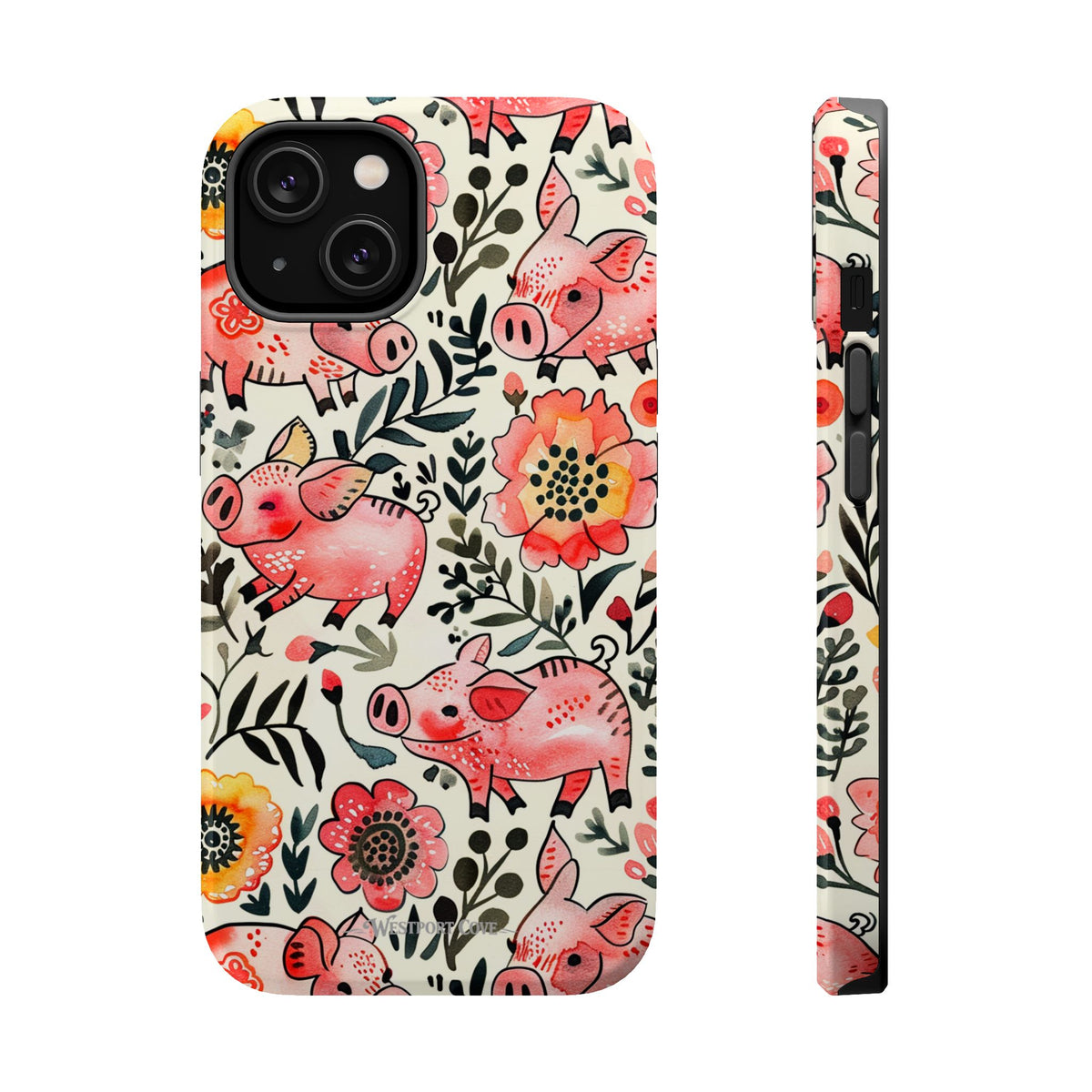 Watercolor Pink Pig Floral Phone Case — Extreme Impact MagSafe Phone Case