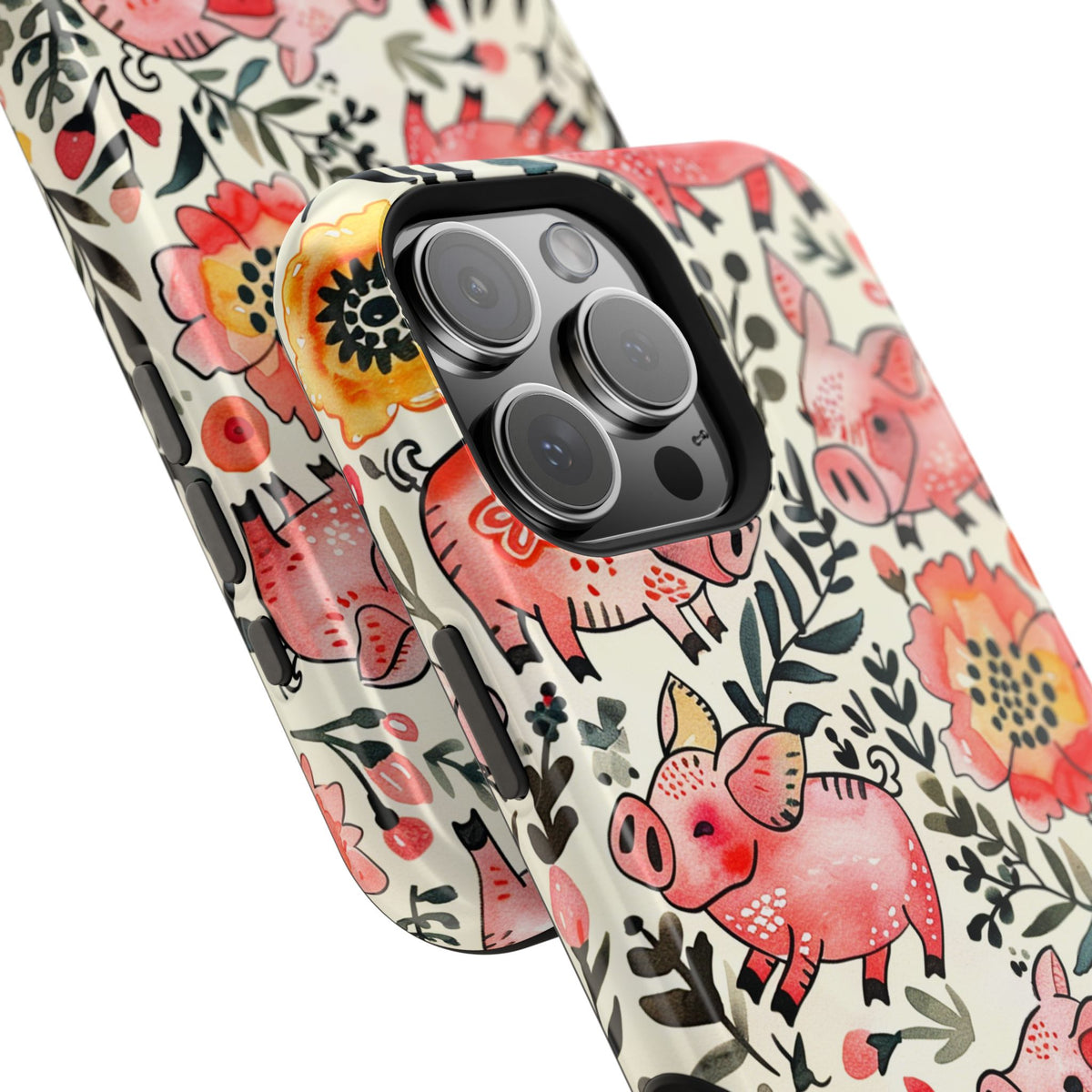 Watercolor Pink Pig Floral Phone Case — Extreme Impact MagSafe Phone Case
