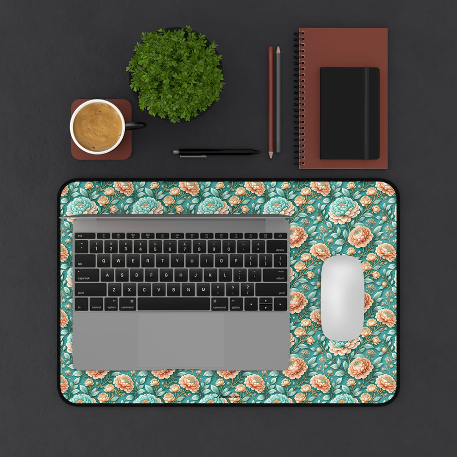 Teal Peony Desk Mat — Vintage Garden Mouse Pad Surface