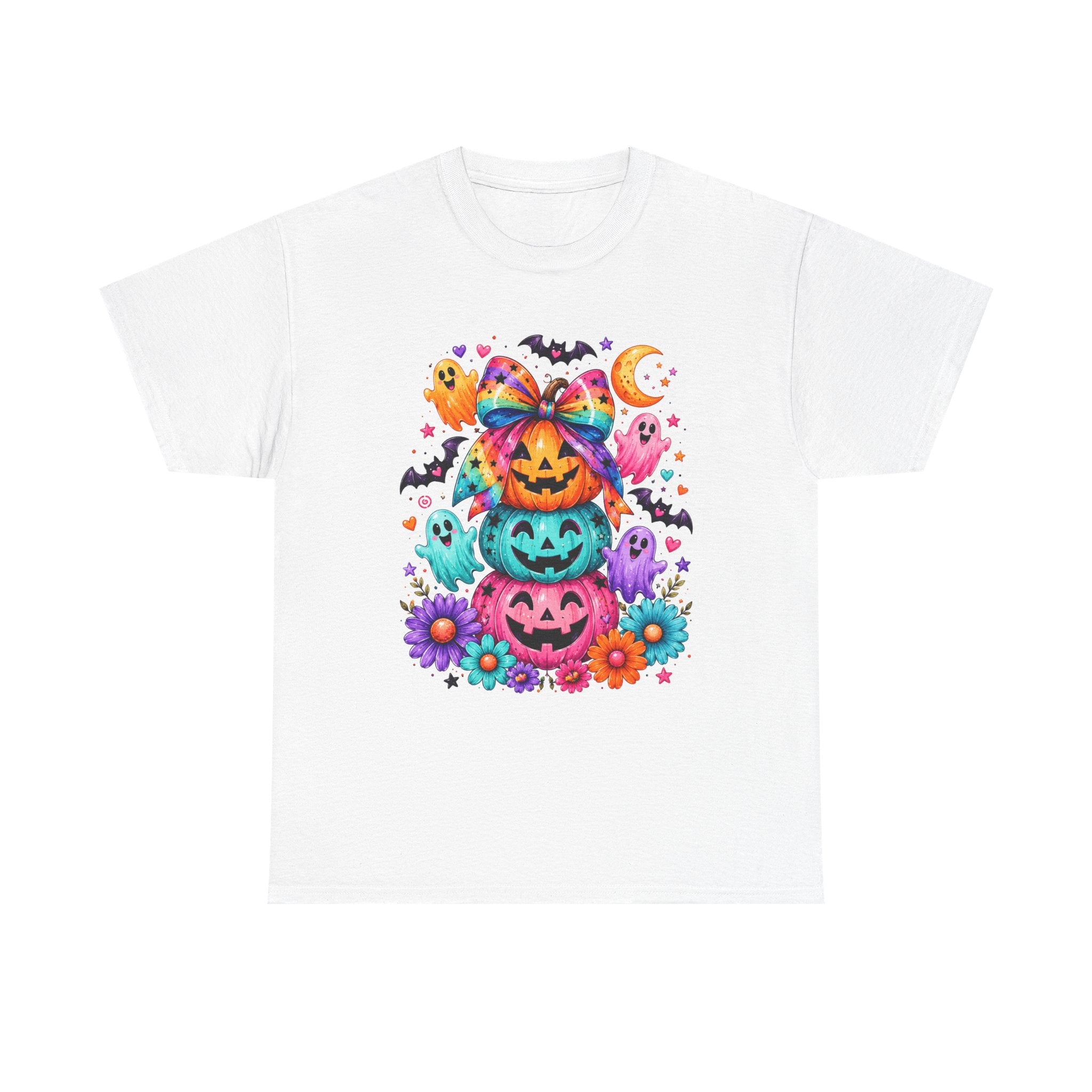 Cute Rainbow Pumpkin Stack Halloween Tee — Colorful Jack-o’-Lanterns & Ghosts T-Shirt
