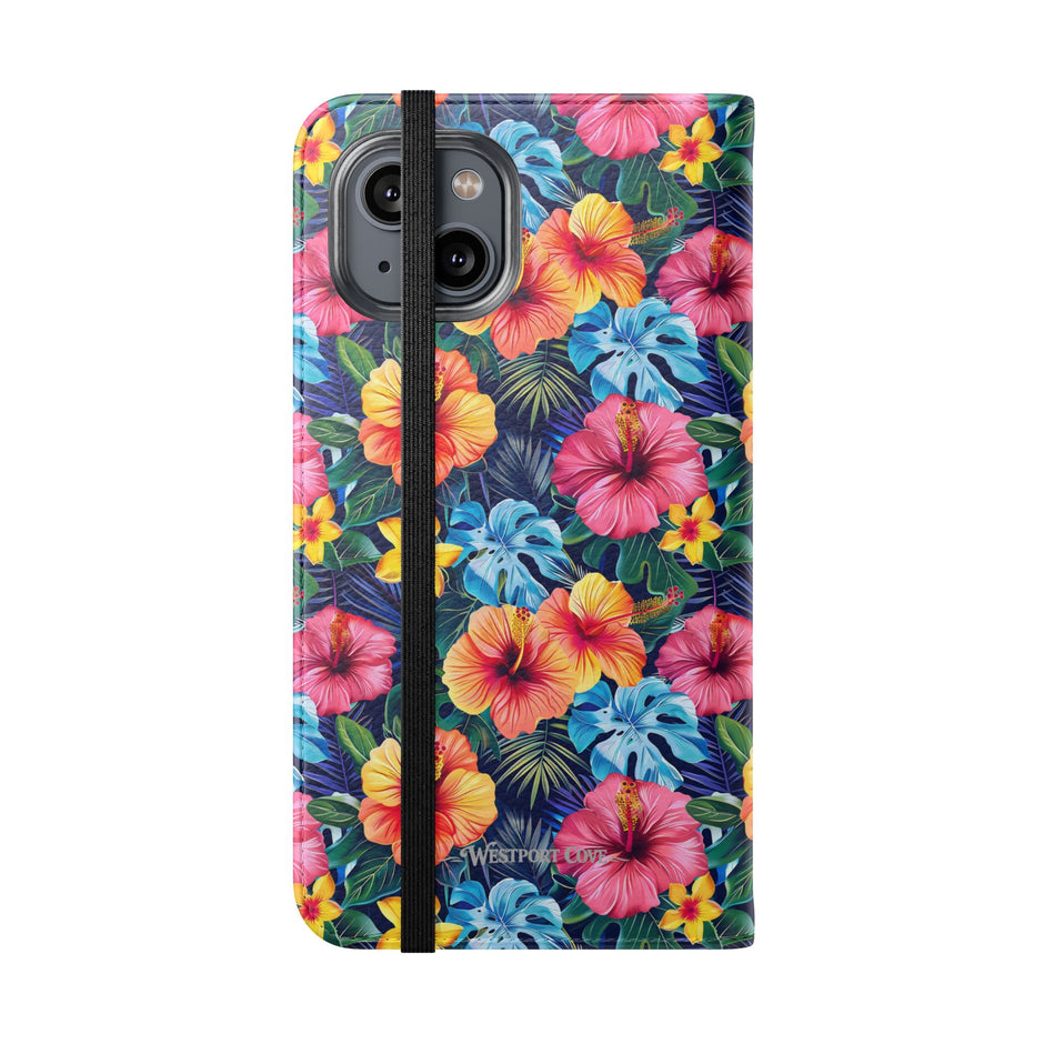 Tropical Hibiscus Flip Phone Case — Floral Wallet Flip Case with Card Slots