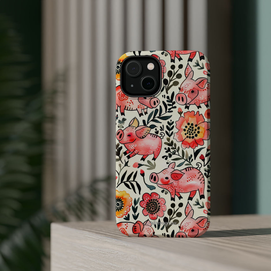 Watercolor Pink Pig Floral Phone Case — Extreme Impact MagSafe Phone Case