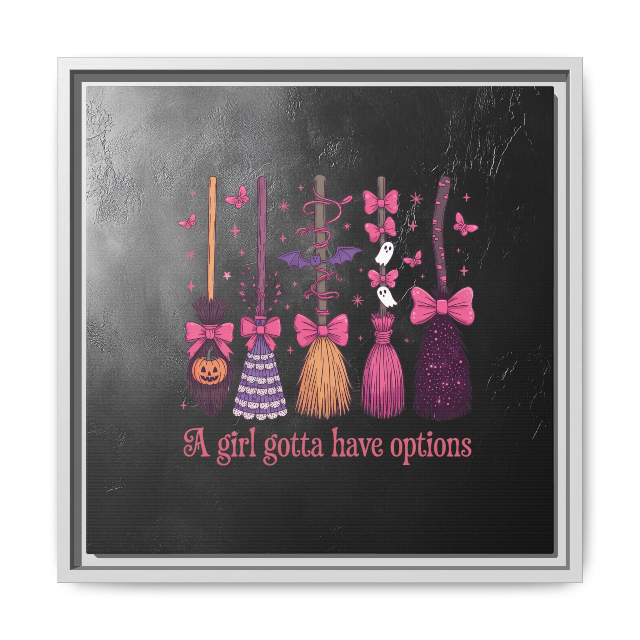 Halloween Broom Canvas Print — “A Girl Gotta Have Options” Framed Wall Art