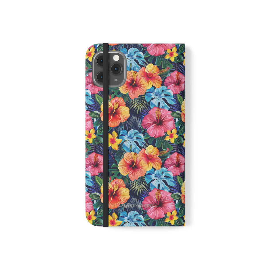 Tropical Hibiscus Flip Phone Case — Floral Wallet Flip Case with Card Slots