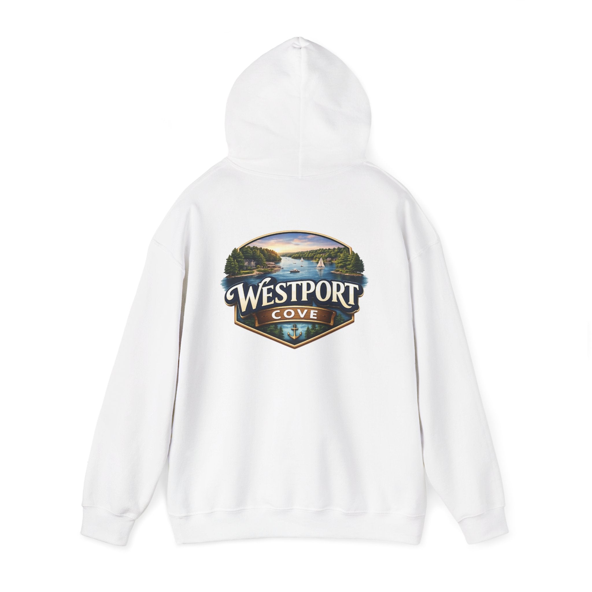 Westport Cove Hoodie — Scenic Lake Cabin Vintage Logo Hooded Sweatshirt