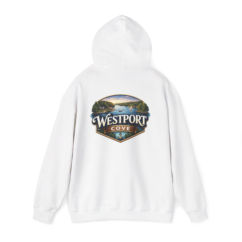 Westport Cove Hoodie — Scenic Lake Cabin Vintage Logo Hooded Sweatshirt