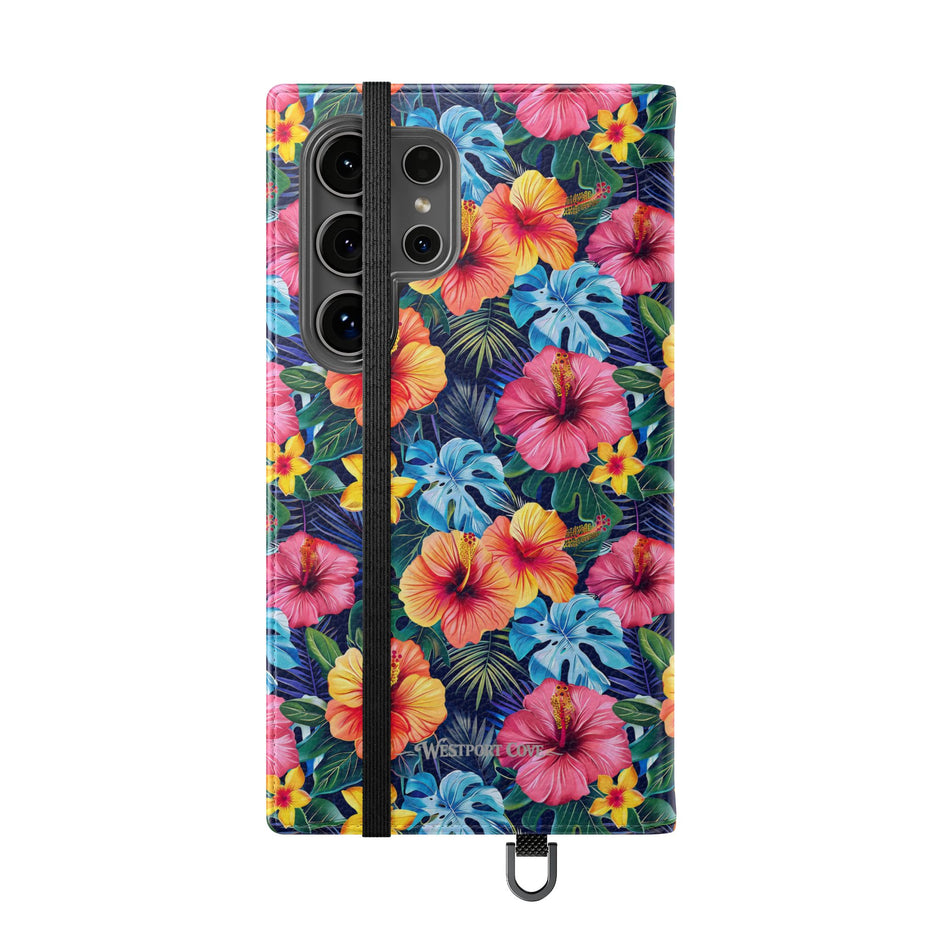 Tropical Hibiscus Flip Phone Case — Floral Wallet Flip Case with Card Slots