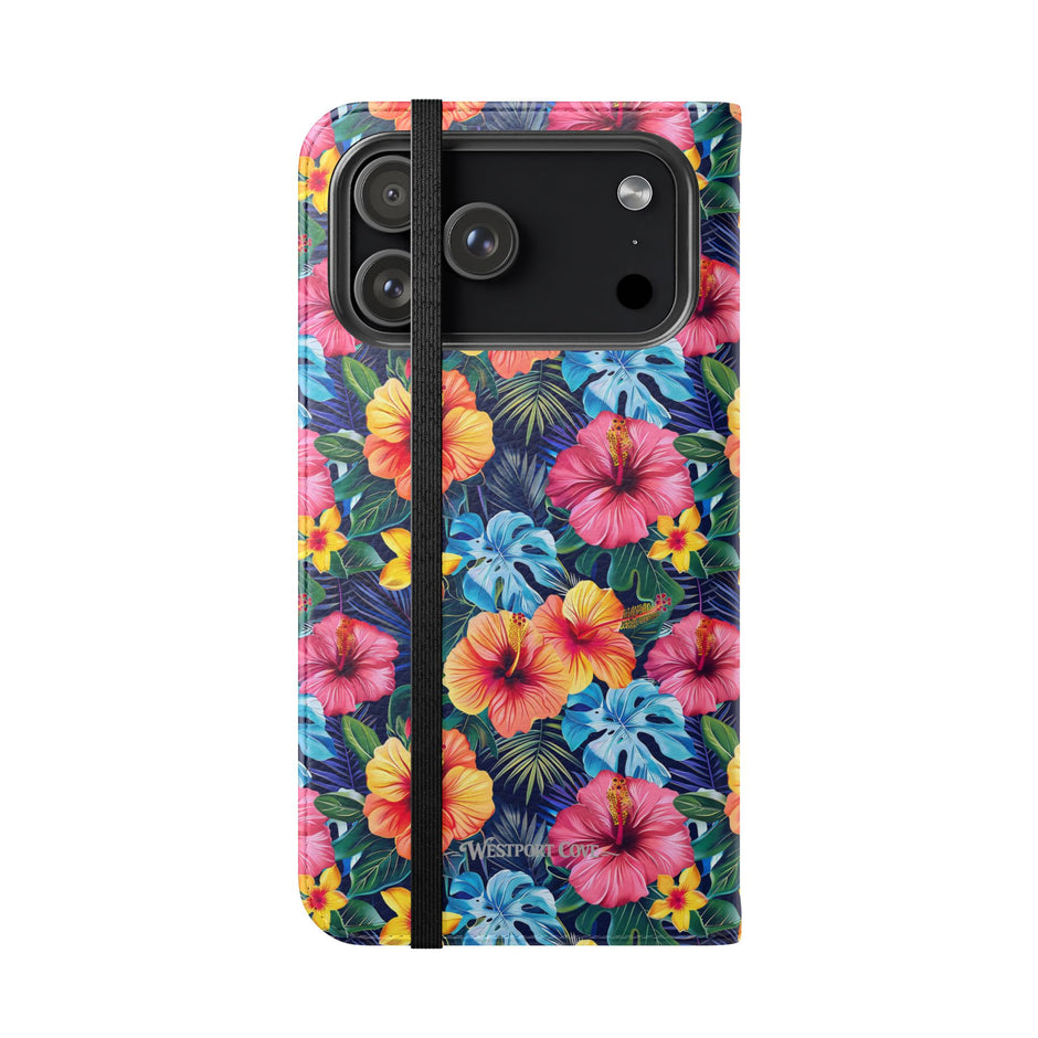 Tropical Hibiscus Flip Phone Case — Floral Wallet Flip Case with Card Slots