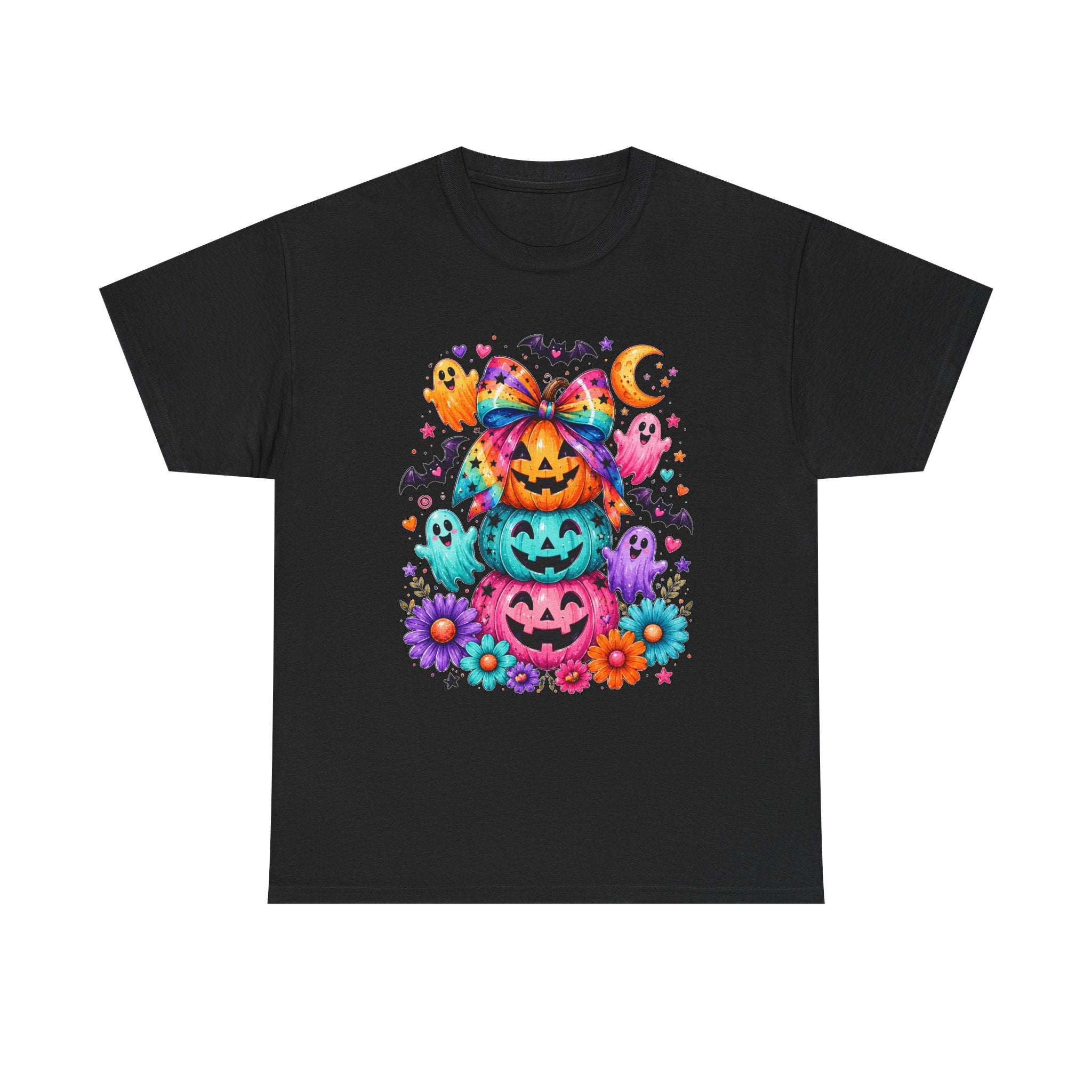 Cute Rainbow Pumpkin Stack Halloween Tee — Colorful Jack-o’-Lanterns & Ghosts T-Shirt