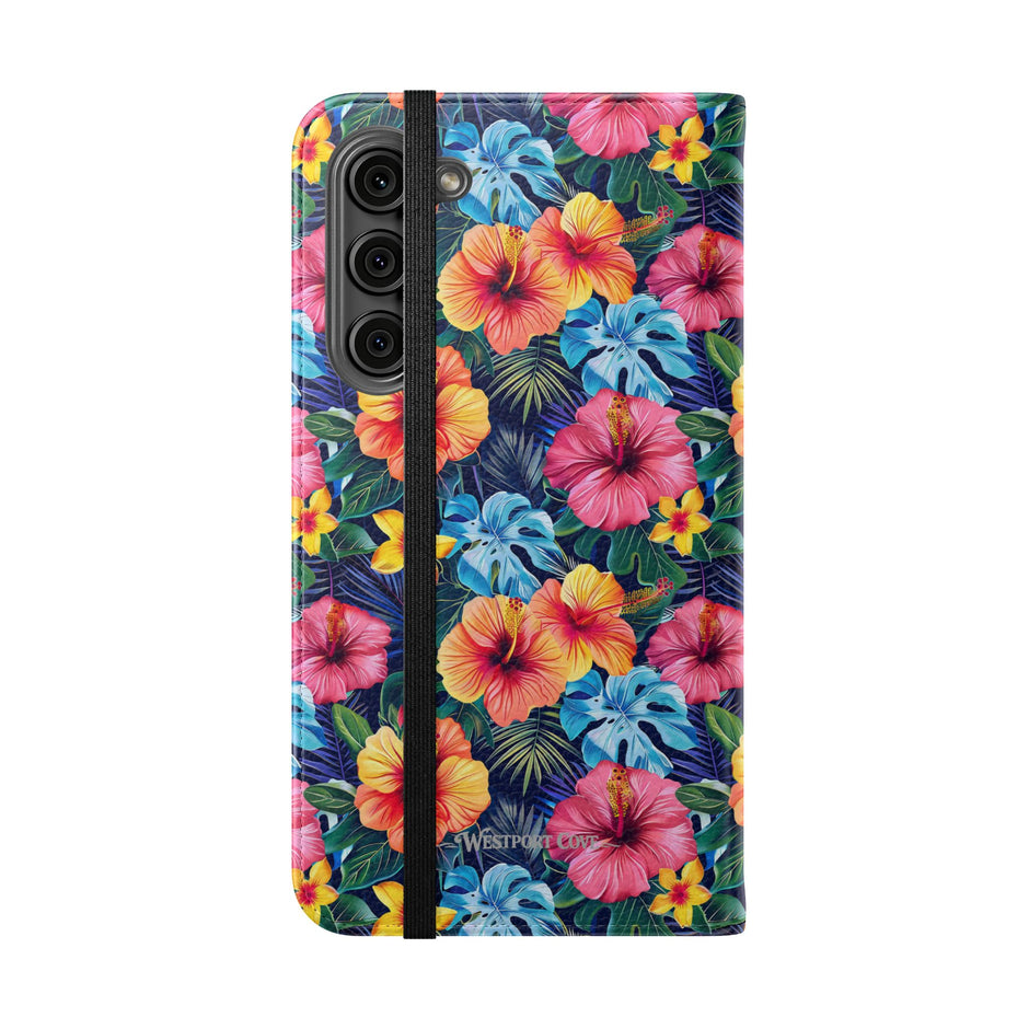 Tropical Hibiscus Flip Phone Case — Floral Wallet Flip Case with Card Slots