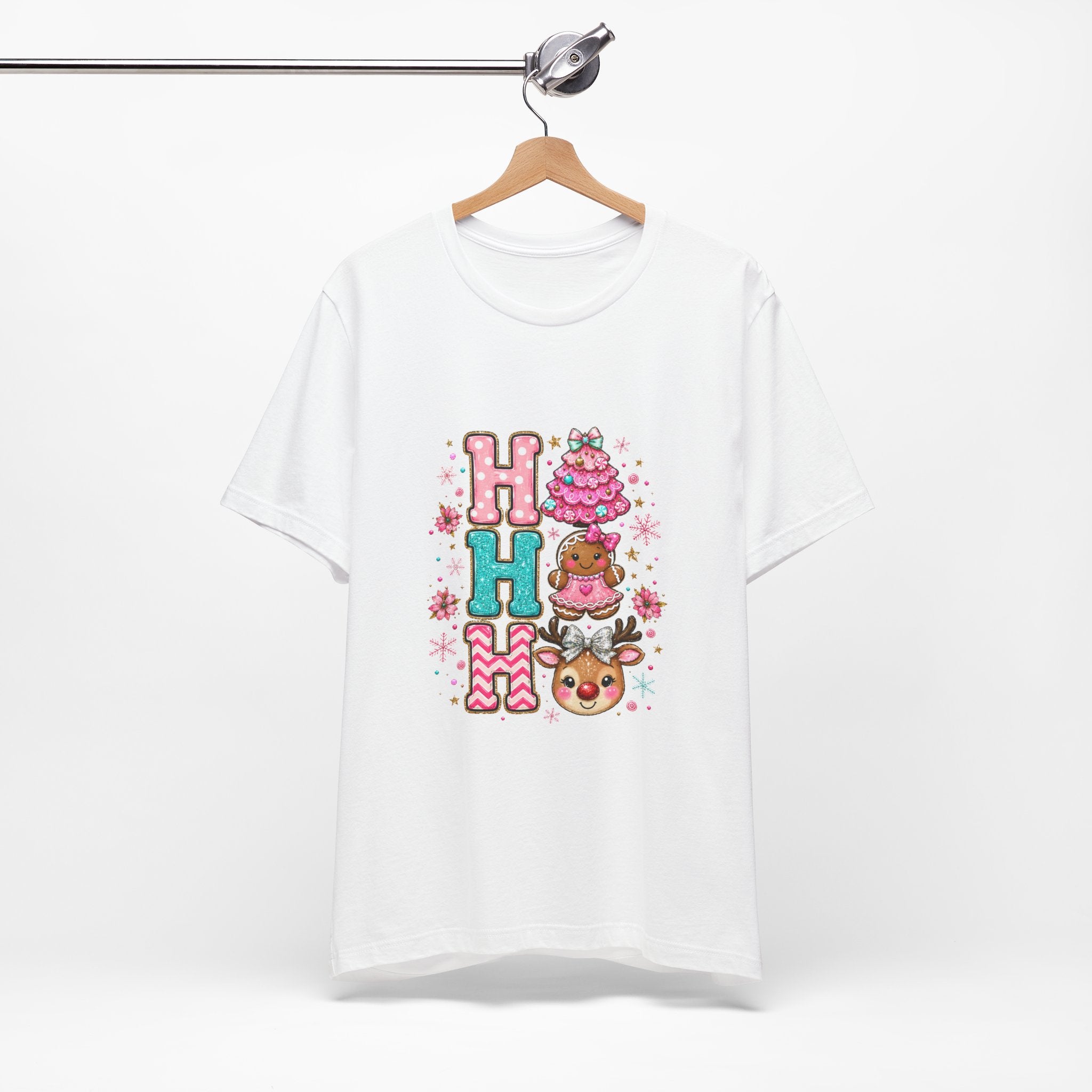 Ho Ho Ho Cute Christmas Tee — Pink Tree, Gingerbread & Reindeer Holiday Shirt