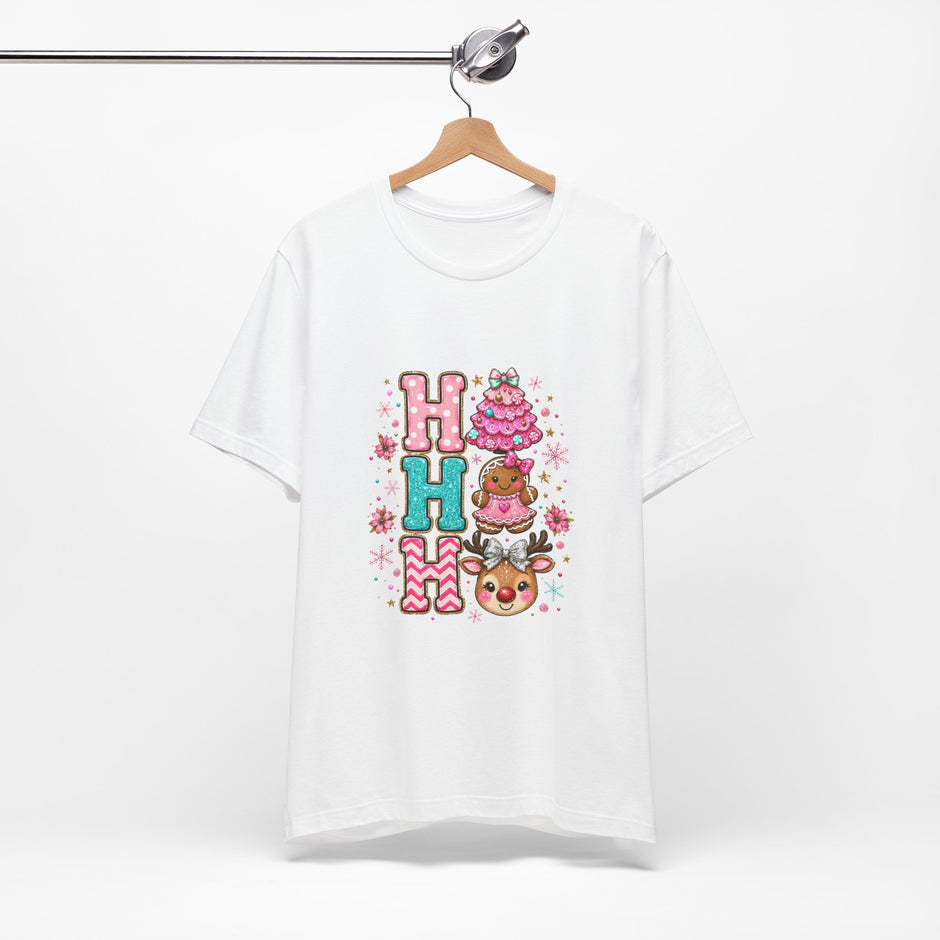 Ho Ho Ho Cute Christmas Tee — Pink Tree, Gingerbread & Reindeer Holiday Shirt