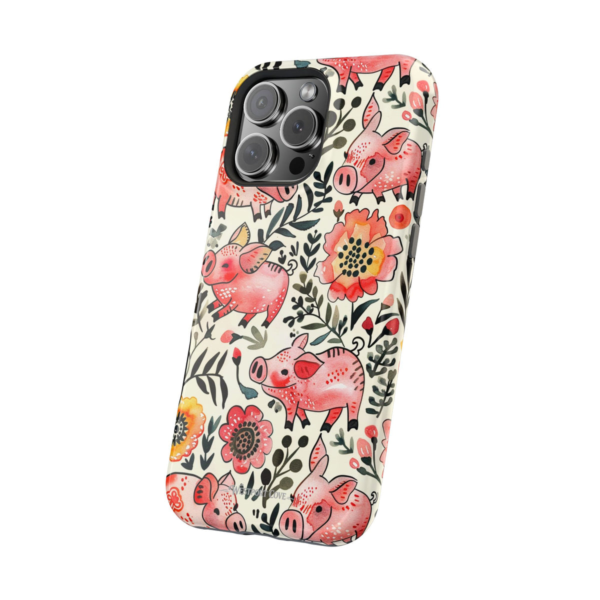 Watercolor Pink Pig Floral Phone Case — Extreme Impact MagSafe Phone Case